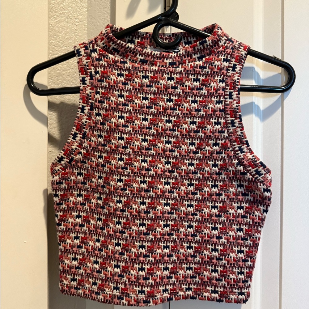 Sleeveless Red and Navy Patterned Women's Top
